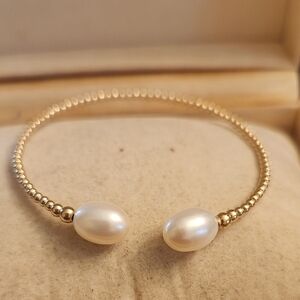 Elegant Freshwater Pearl Open Cuff Bracelet with Cut Beads in 14K Yellow